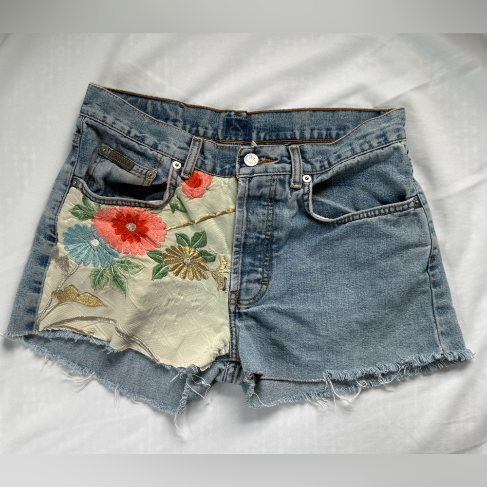 Vintage Calvin Klein Cut-Off Denim Shorts with Floral Patch